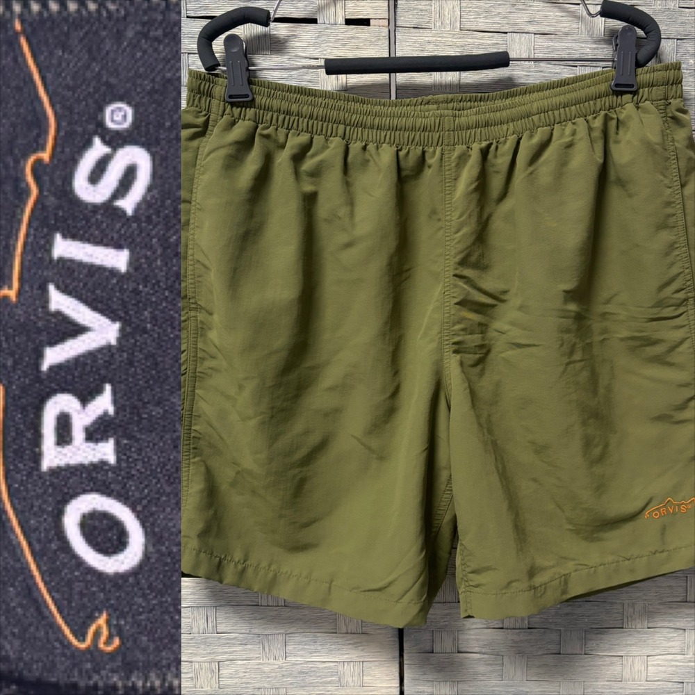 ORVIS Men's Olive Green Quick Dry Athletic Shorts Elastic Waist‎ Pockets Size L